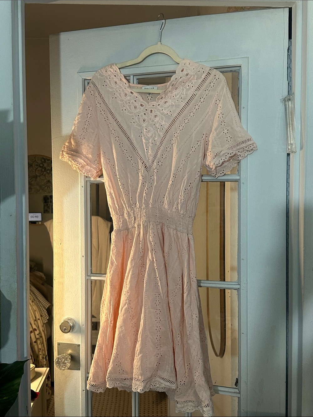 Stellah Blush Pink Eyelet Fit-and-Flare Mini Dress